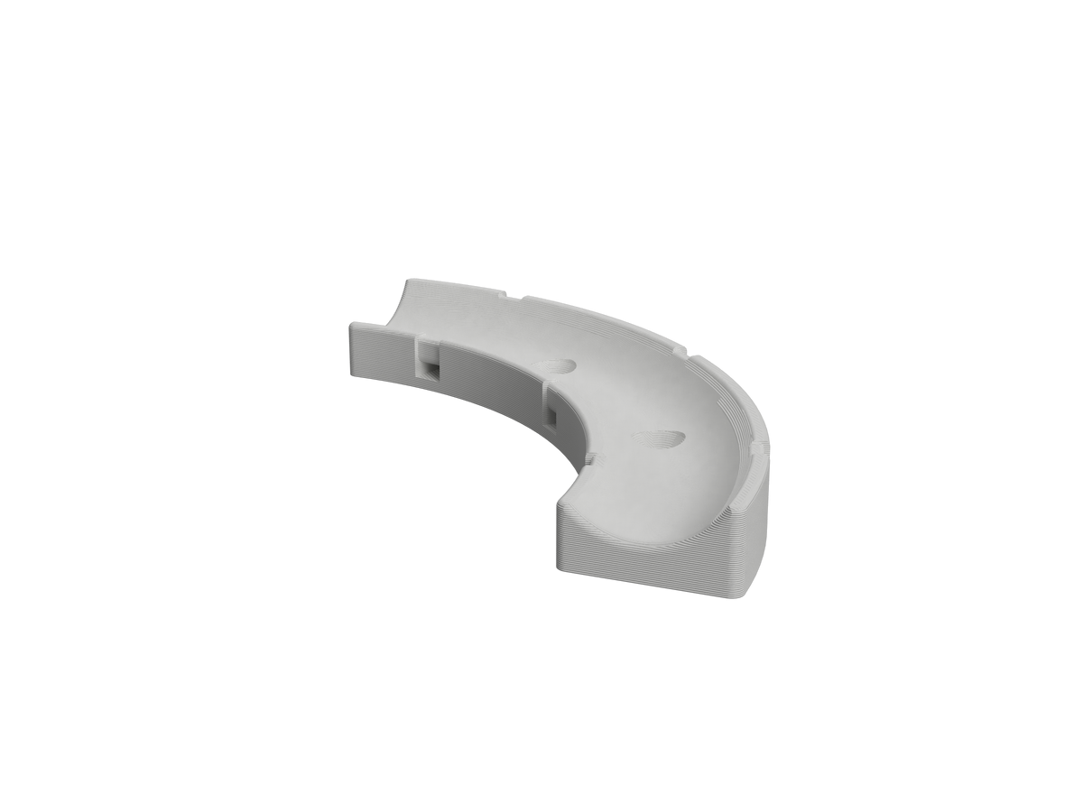 Close-up of the 3/4 inch 90-degree hose mount showing the hose channel