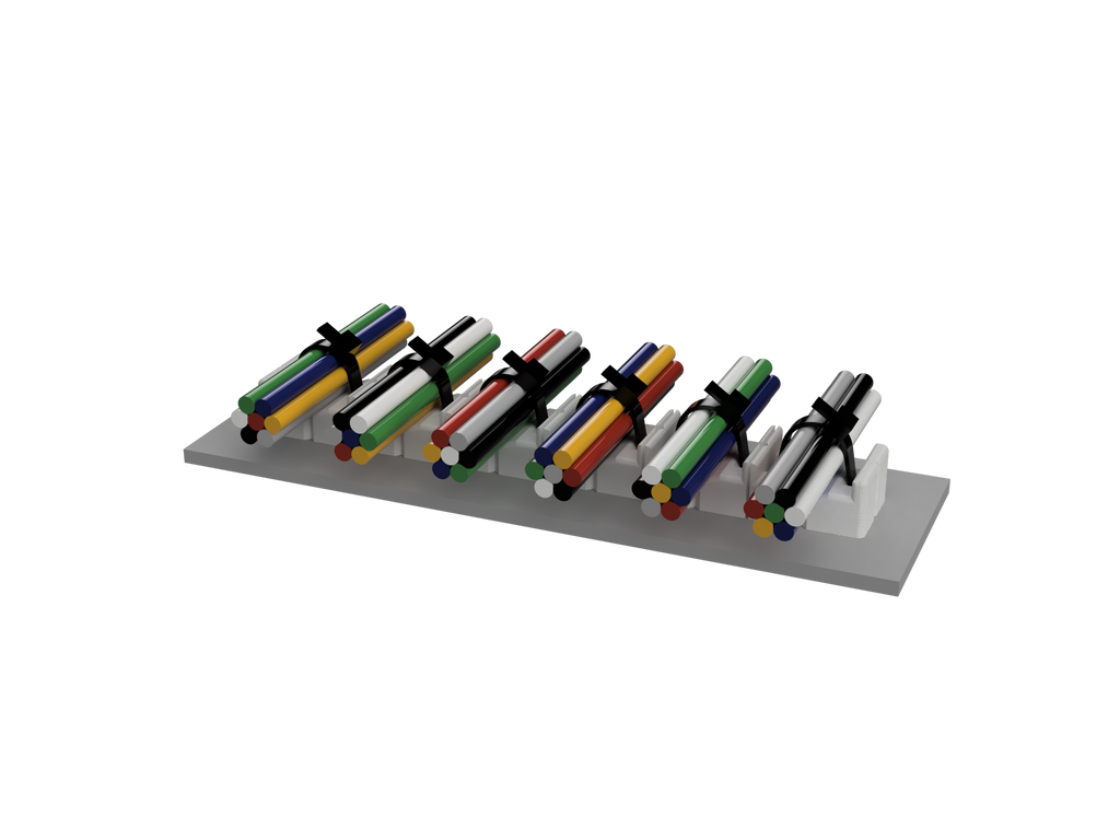6-bay mount on a panel holding six wire runs side by side with zip ties